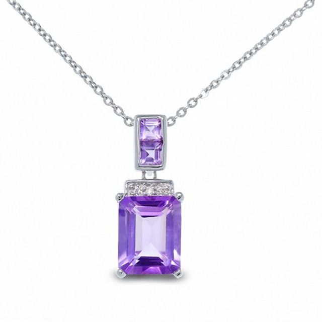 Emerald-Cut Amethyst and Diamond Pendant in Sterling Silver