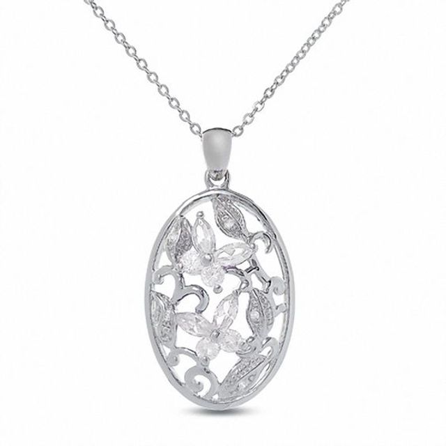 Lab-Created White Sapphire Butterfly Pendant in Sterling Silver with Diamond Accents