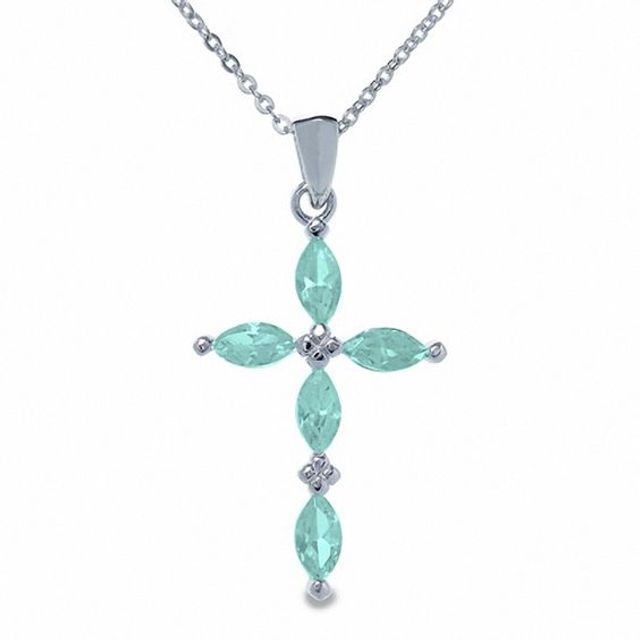 Simulated Aquamarine Cross Pendant in Sterling Silver