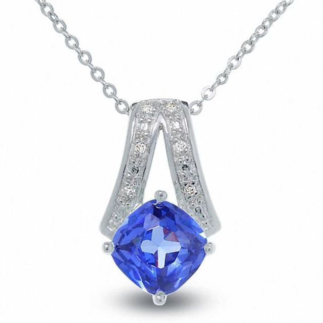 Trillion Shaped Simulated Tanzanite Pendant in Sterling Silver with Diamond Accents