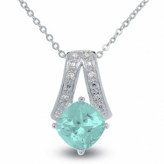 Simulated Aquamarine and Diamond Pendant in Sterling Silver