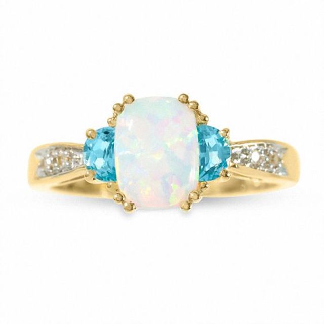 Lab-Created Octagonal Opal and Blue Topaz Three Stone Ring in 10K Gold with Diamond Accents