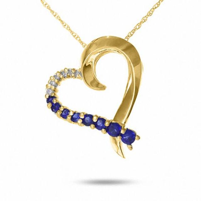 Journey Lab-Created Blue Sapphire Tilted Heart Pendant in 10K Gold with Diamond Accents