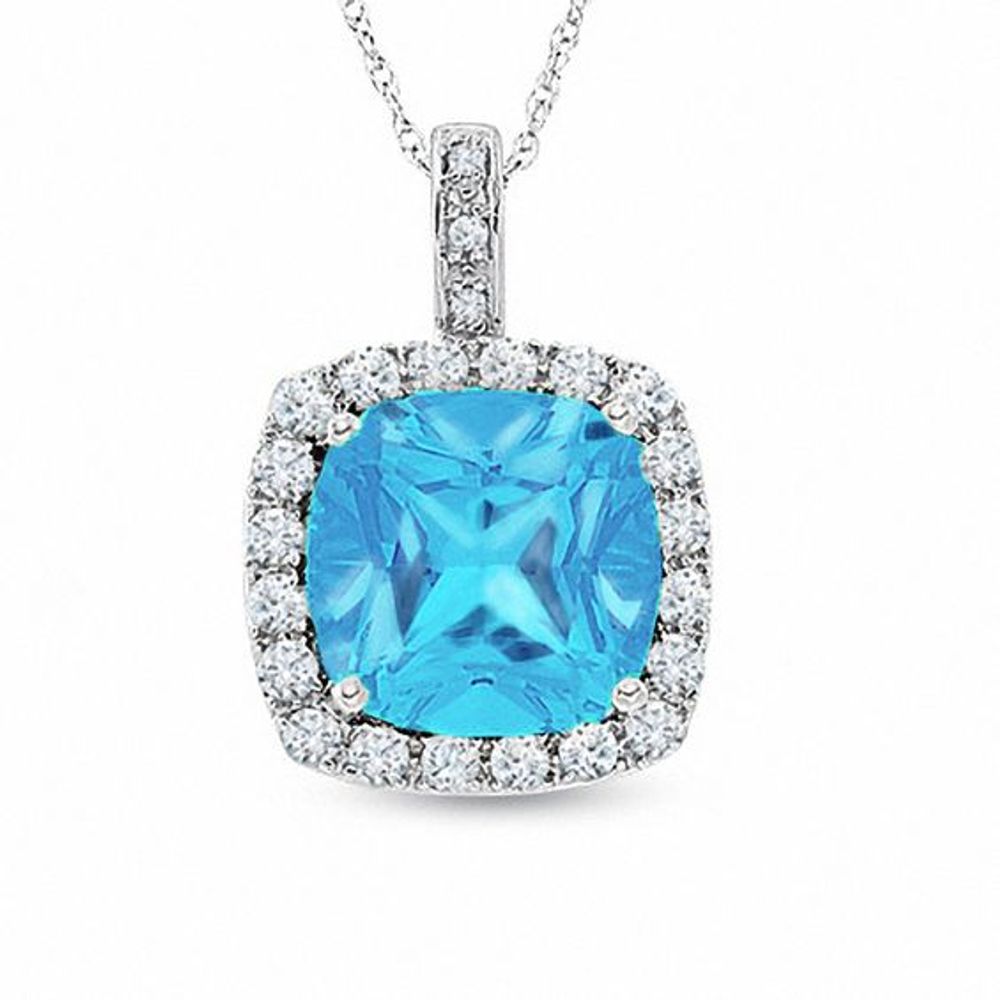 Cushion-Cut Blue Topaz and Lab-Created White Sapphire Pendant in 10K White Gold with Diamond Accents