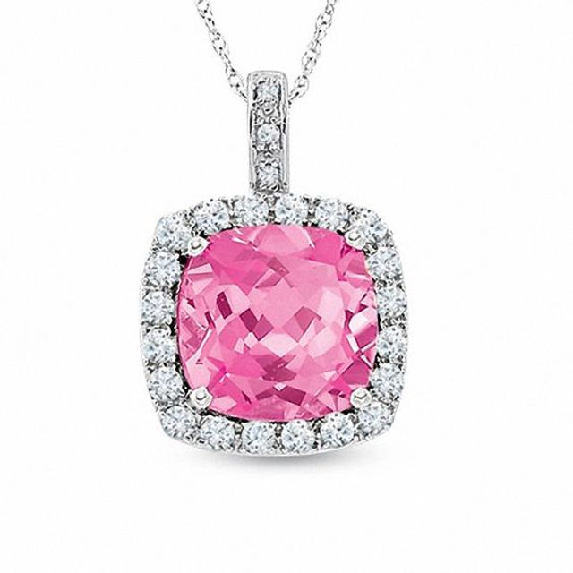 Cushion-Cut Lab-Created Pink and White Sapphire Pendant in 10K White Gold with Diamond Accents