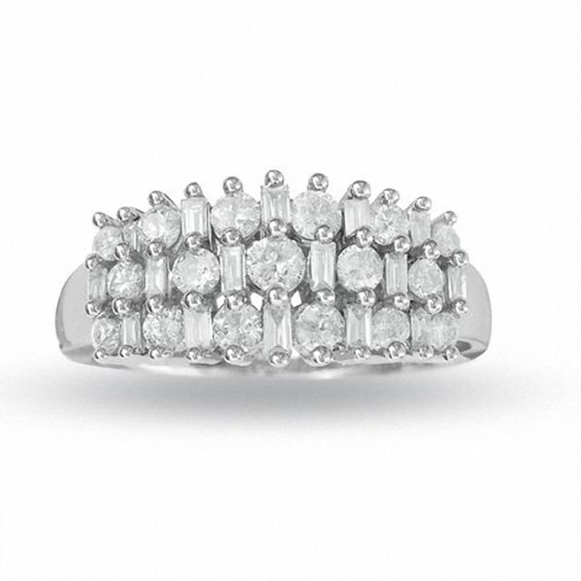 1 CT. T.w. Chunky Round and Baguette Diamond Ring in 14K White Gold