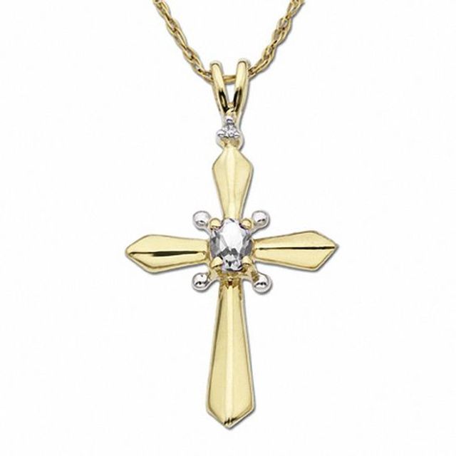 Oval White Topaz Cross Pendant in 10K Gold with Diamond Accents