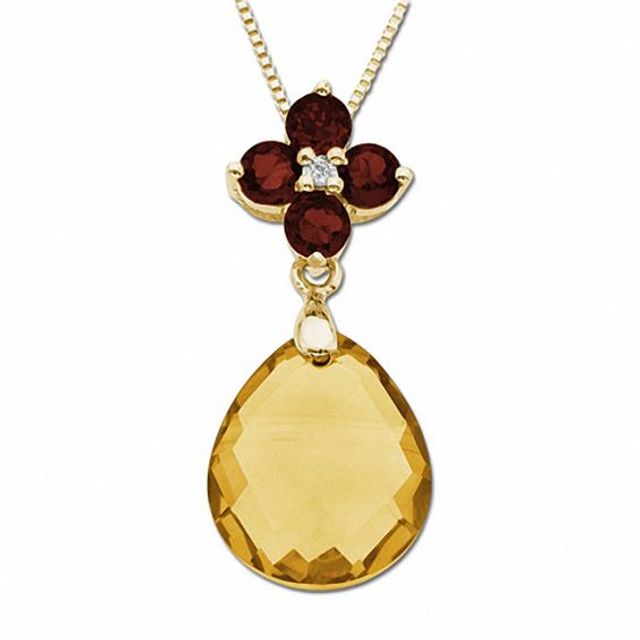 Briolette Citrine and Garnet Drop Pendant in 10K Gold with Diamond Accents