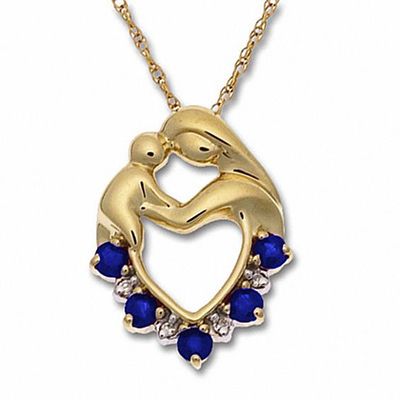Blue Sapphire Heart Pendant with mother and child in 10K Gold with Diamond Accents
