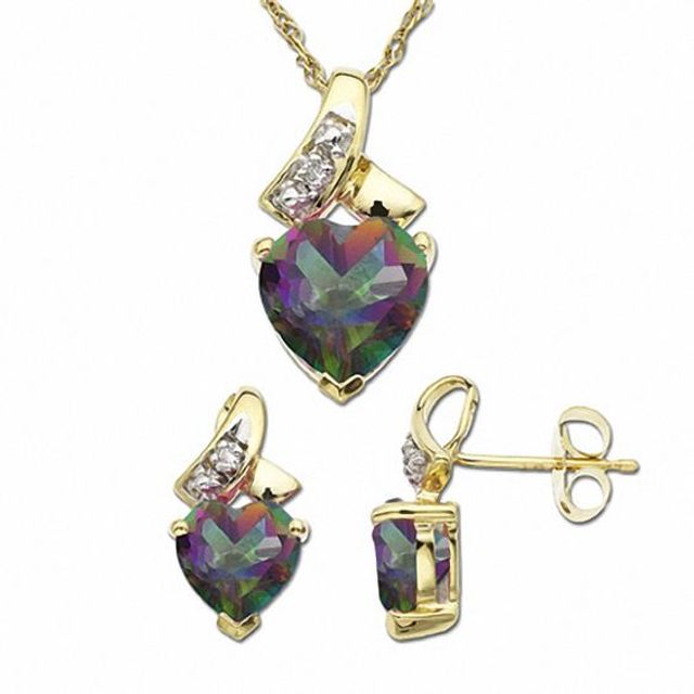 Mystic FireÂ® Topaz Heart Pendant and Earrings Set in 10K Gold with Diamond Accents