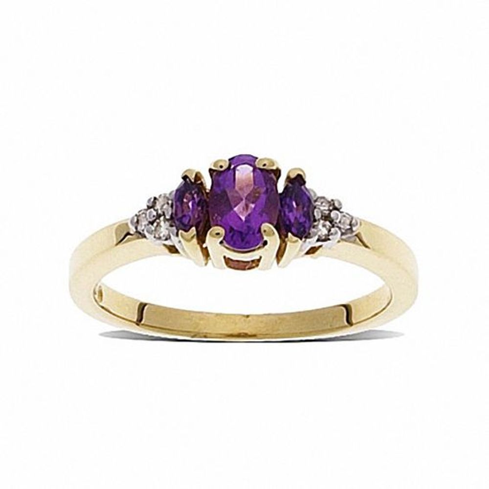 Amethyst Three Stone Ring in 10K Gold with Diamond Accents