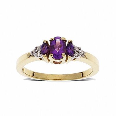Amethyst Three Stone Ring in 10K Gold with Diamond Accents