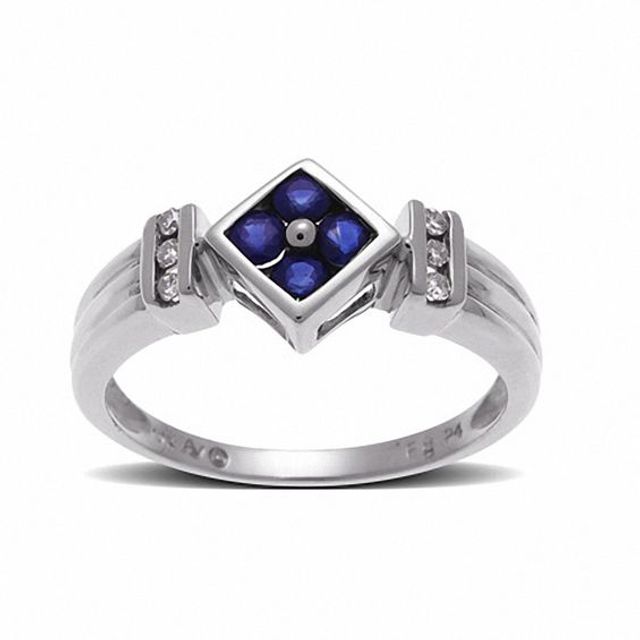 Blue Sapphire Square Ring in 10K White Gold with Diamond Accents