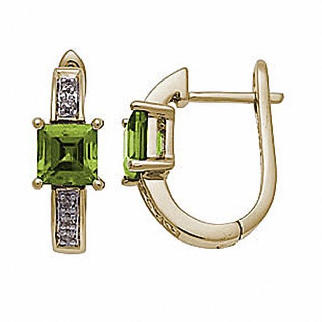 Square Peridot Hoop Earrings in 10K Gold with Diamond Accents