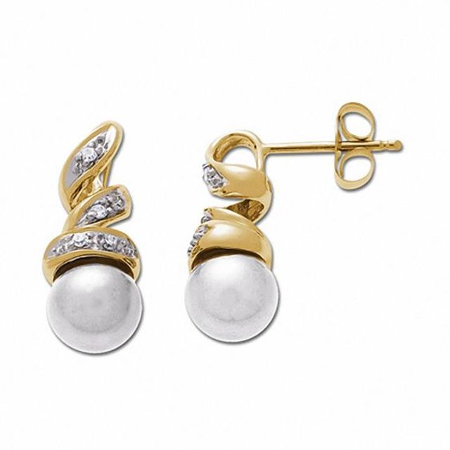 Freshwater Cultured Pearl Drop Earrings in 14K Gold with Diamond Accents