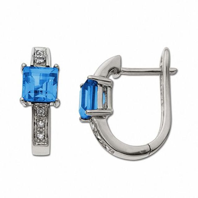 Square Blue Topaz Hoop Earrings in 10K White Gold with Diamond Accents