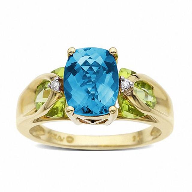 Blue Topaz and Peridot Three Stone Ring in 10K Gold with Diamond Accents