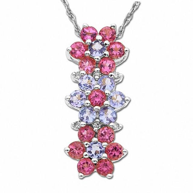 Pink Tourmaline and Tanzanite Triple Flower Pendant in 14K White Gold with Diamond Accents