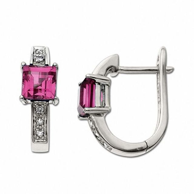 Square Pink Tourmaline Hoop Earrings in 10K White Gold with Diamond Accents