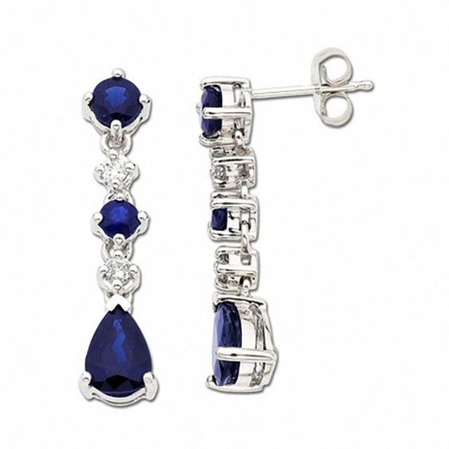 Blue Sapphire Drop Earrings in 10K White Gold with Diamond Accents