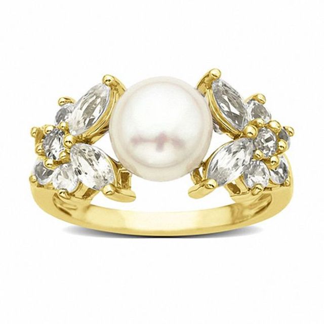 Freshwater Cultured Pearl and Lab-Created White Sapphire Ring in 10K Gold-Size 5