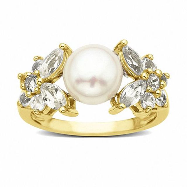 Freshwater Cultured Pearl and Lab-Created White Sapphire Ring in 10K Gold-Size 9