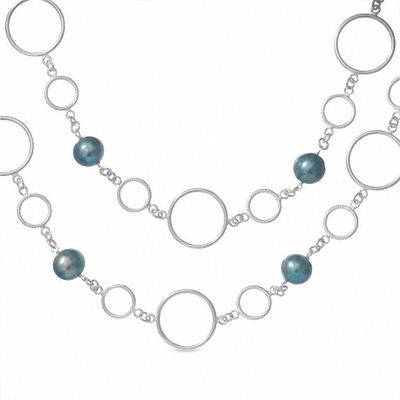 Black Freshwater Cultured Pearl and Sterling Silver Circle Necklace -36"