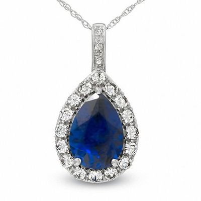 Pear-Shaped Lab-Created Blue and White Sapphire and Diamond Accent Frame Pendant in 10K White Gold
