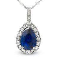 Pear-Shaped Lab-Created Blue and White Sapphire and Diamond Accent Frame Pendant in 10K White Gold