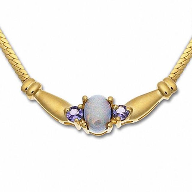 Oval Opal and Blue Topaz Necklace in 14K Gold