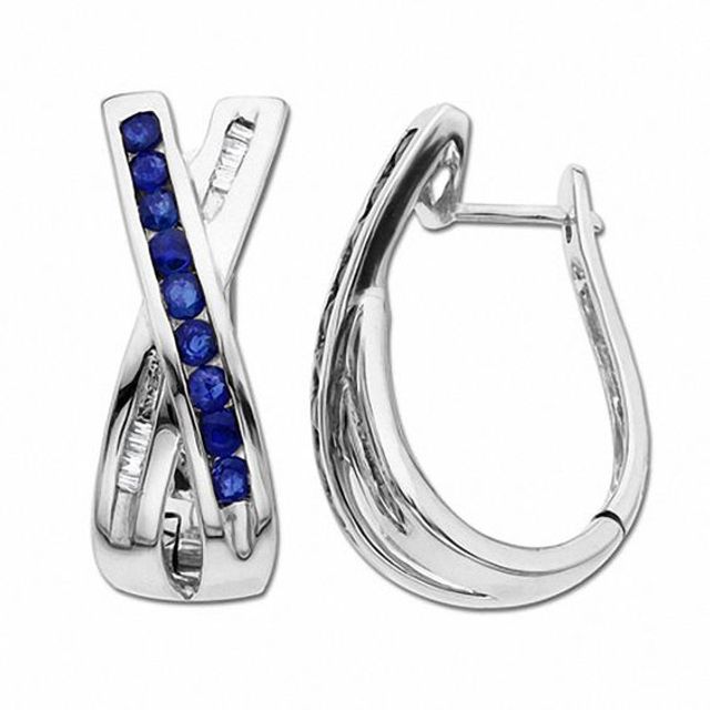 Blue Sapphire Crisscross Hoop Earrings in 14K White Gold with Diamond Accents