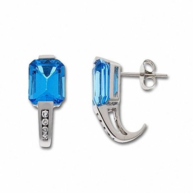 Emerald-Cut Blue Topaz Earrings in 14K White Gold with Diamond Accents