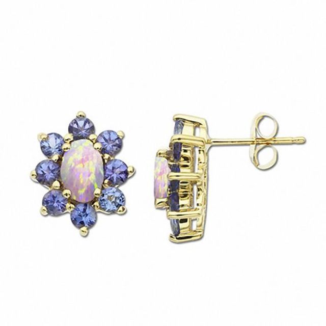 Oval Opal and Tanzanite Fashion Earrings in 10K Gold