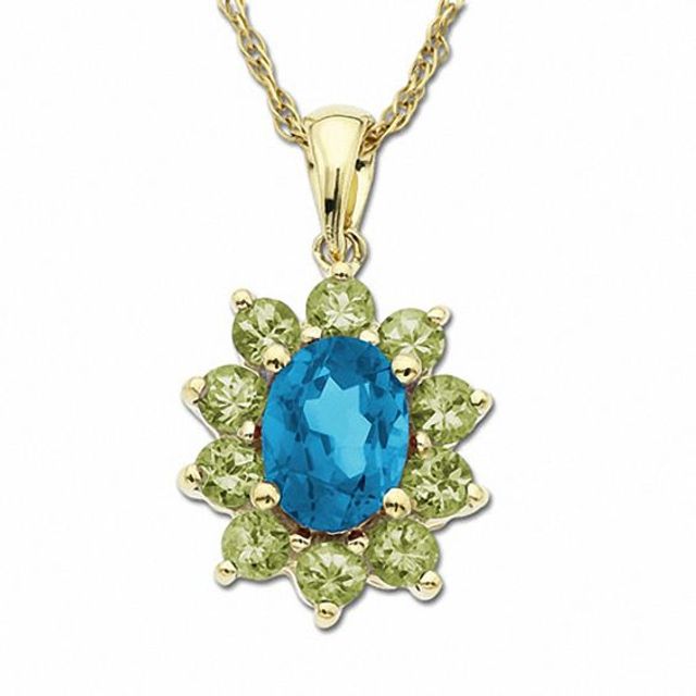 Oval Blue Topaz and Peridot Drop Pendant in 14K Gold