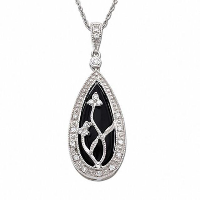 Onyx Teardrop Pendant in 10K White Gold with Diamond Accents