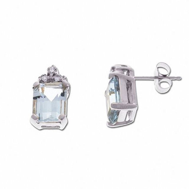 Emerald-Cut Aquamarine Stud Earrings in 10K White Gold with Diamond Accents