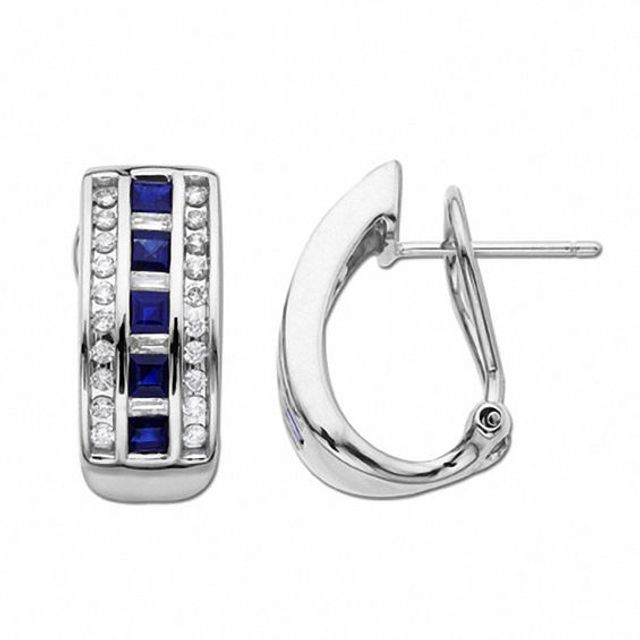 Blue Sapphire and Diamond Hoop Earrings in 14K White Gold