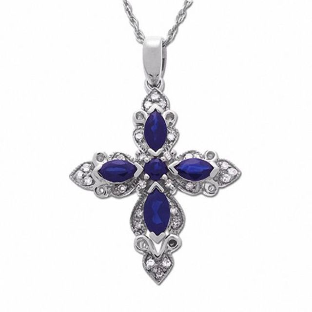 Marquise Blue Sapphire Cross Pendant in 10K White Gold with Diamond Accents