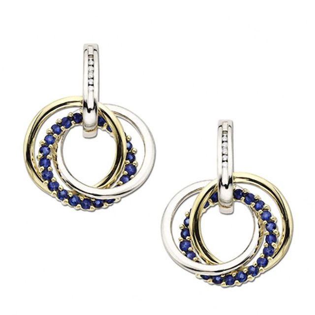 Blue Sapphire Circle Drop Earrings in 10K Two-Tone Gold with Diamond Accents