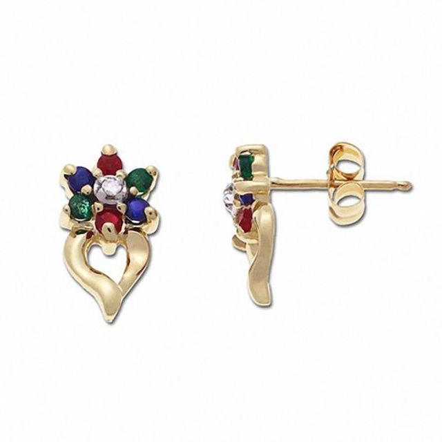 Emerald, Ruby, and Sapphire Flower Earrings in 10K Gold with Diamond Accents