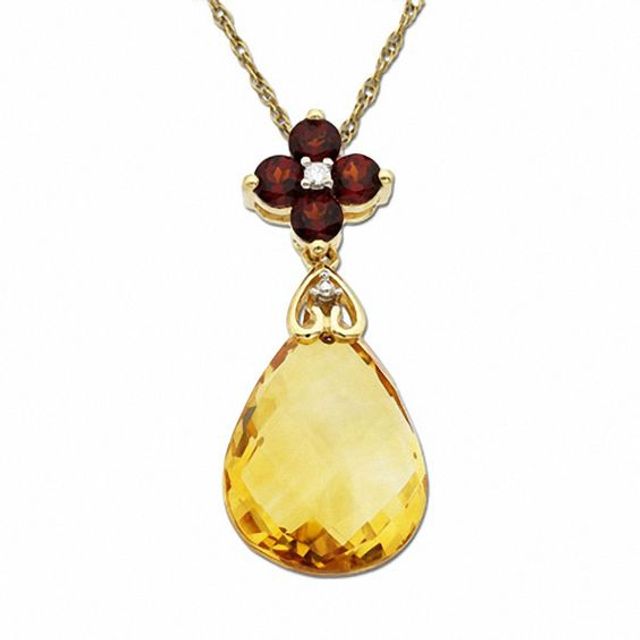 Briolette Citrine and Garnet Flower Drop Pendant in 14K Gold with Diamond Accent