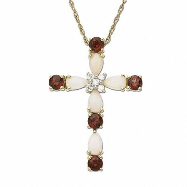 Opal and Garnet Cross Pendant in 10K Gold with Diamond Accent