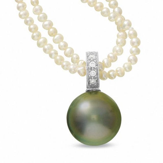 Seed Pearl Necklace with Tahitian Cultured Pearl Drop with Diamond Accents in 14K White Gold