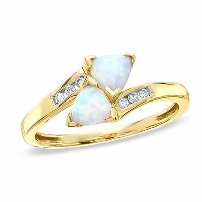 Lab-Created Trillion Cut Opal Bypass Ring in 10K Gold with Diamond Accents