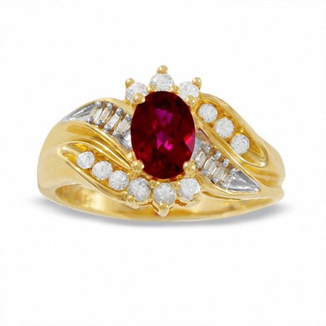 Lab-Created Ruby and White Sapphire Cluster Ring with Diamond Accents in 10K Gold