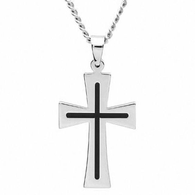 Men's Stainless Steel and Black Resin Inlay Cross Pendant