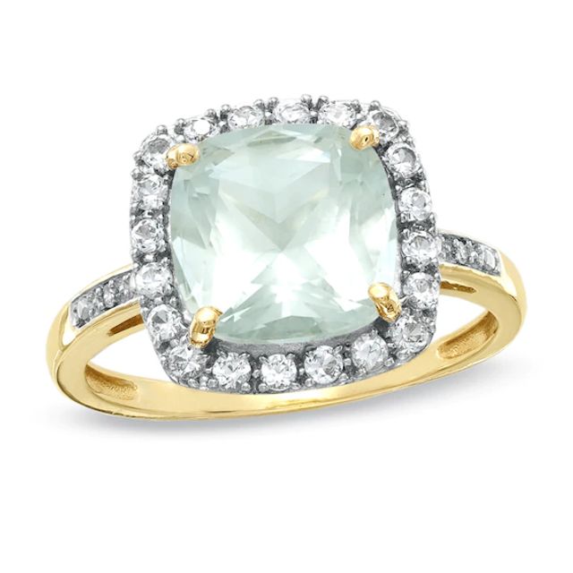 Cushion-Cut Green Quartz and Lab-Created White Sapphire Ring in 10K Gold with Diamond Accents