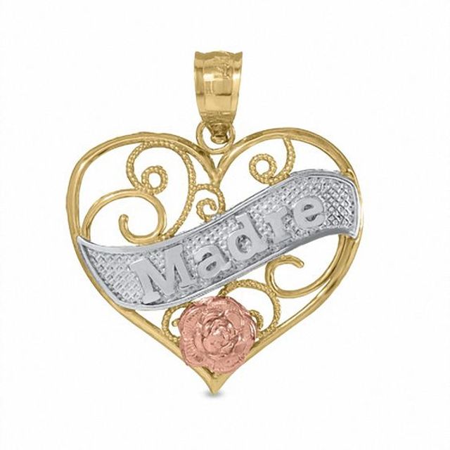 14K Tri-Tone Gold "Madre" Heart Charm Pendant