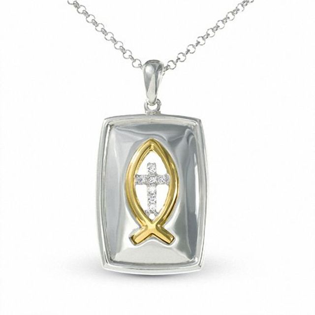 Heartfelt Collection Sterling Silver and 14K Gold Fish and Cross Pendant with Diamond Accents