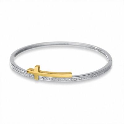 Heartfelt Collection Sterling Silver and 14K Gold Cross Bypass Bangle with Diamond Accents